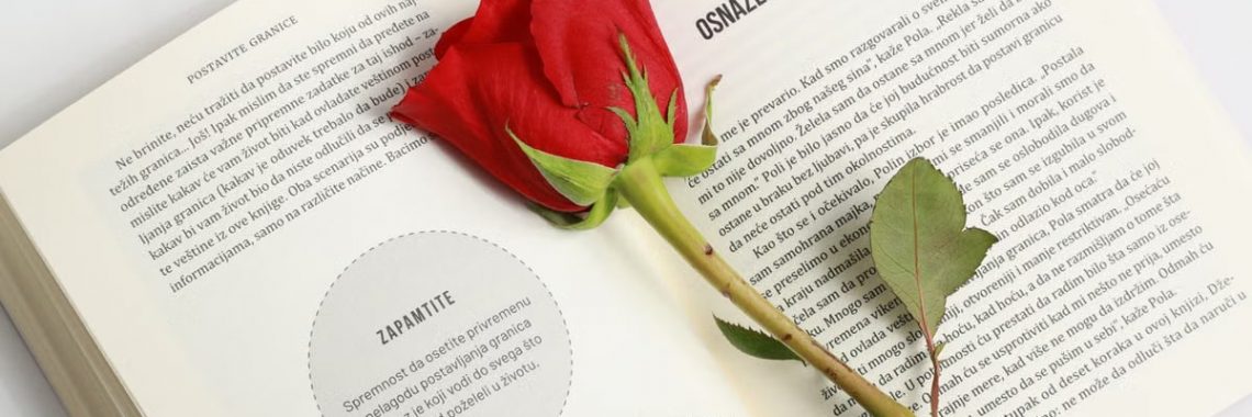 A vibrant red rose placed on the pages of an open book, offering a peaceful and romantic aesthetic.